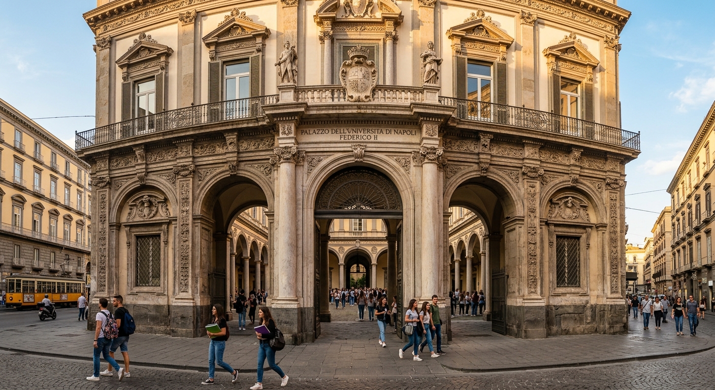 Neo-Baroque facade of the Palazzo dell'Universita on Corso Umberto I, ornate stonework, arched entrance, students walking through the courtyard, warm afternoon light in the historic center of Naples