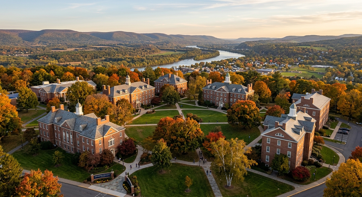 Lycoming College campus wide shot in Williamsport Pennsylvania, pre-Georgian style brick buildings surrounded by green lawns and mature trees, Susquehanna River Valley hills in the background, warm autumn sunlight