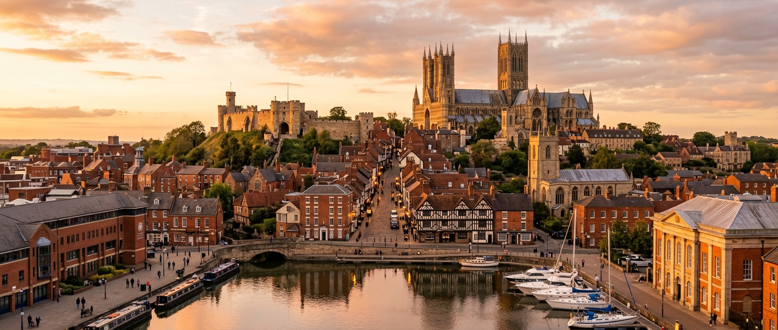 Panoramic view of Lincoln city centre, Lincoln Cathedral dominating the skyline on the hilltop, medieval castle nearby, Steep Hill cobbled street, Brayford Pool waterfront in foreground, golden hour lighting