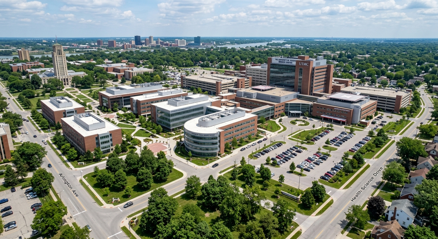 University of Toledo Health Science Campus aerial view showing the medical center complex, modern hospital buildings, research laboratories, and surrounding green spaces
