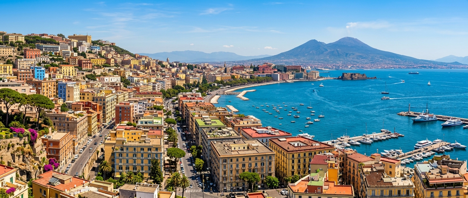 Panoramic view of Naples cityscape with Mount Vesuvius in background, colorful buildings cascading down hillside, Bay of Naples with boats, bright Mediterranean sunshine