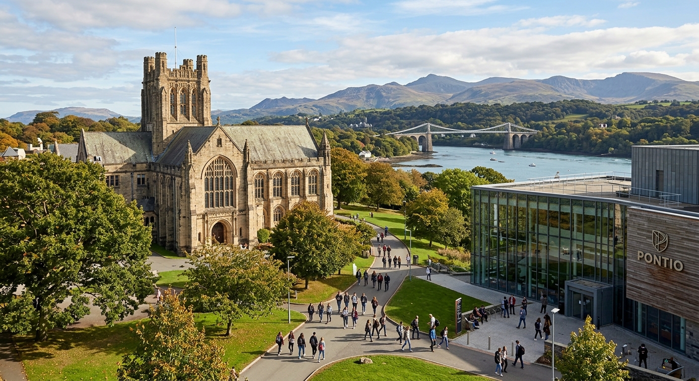 Bangor University campus with historic Prichard Jones Hall and modern Pontio Arts Centre, surrounded by mountains of Snowdonia and the Menai Strait in North Wales, students walking between music and media buildings