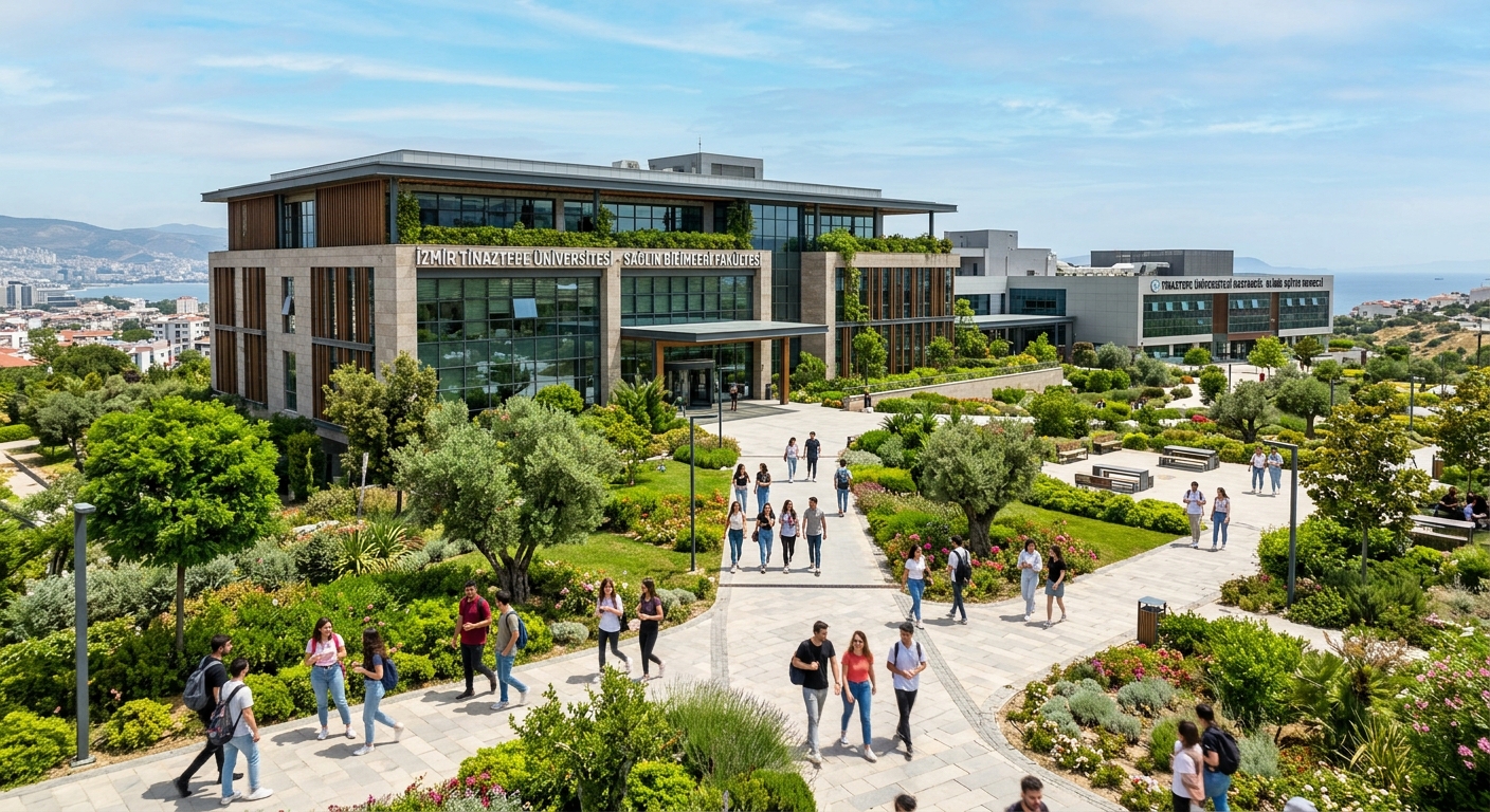 Modern health sciences campus building at İzmir Tınaztepe University with green landscaped grounds, students walking along pathways, clinical training facilities visible in background, bright Mediterranean sunlight