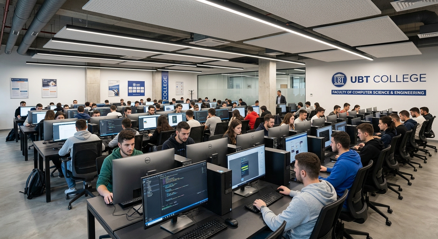 UBT College computer laboratory, rows of modern workstations, students working on computers, bright LED lighting, high-tech environment
