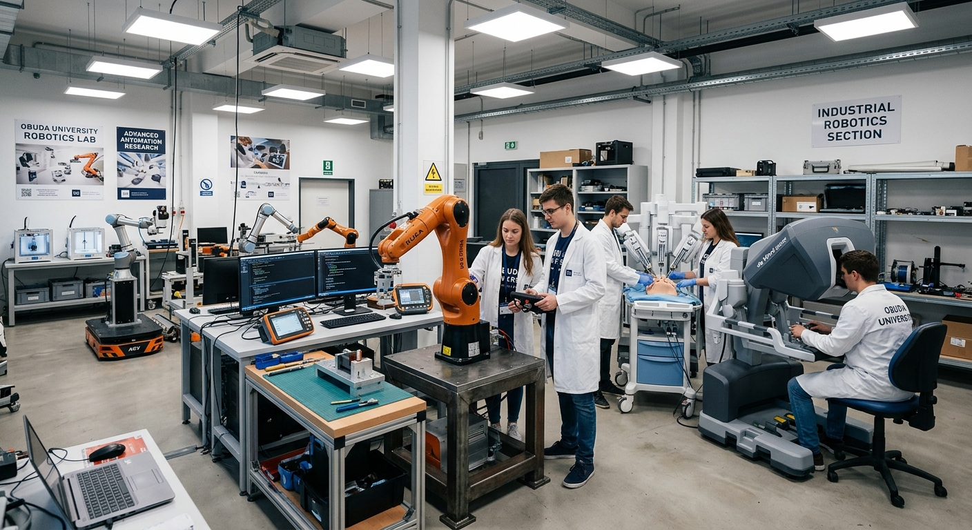 Obuda University robotics laboratory interior, students working with industrial robotic arms and da Vinci surgical robot, high-tech equipment, bright LED lighting, modern research environment