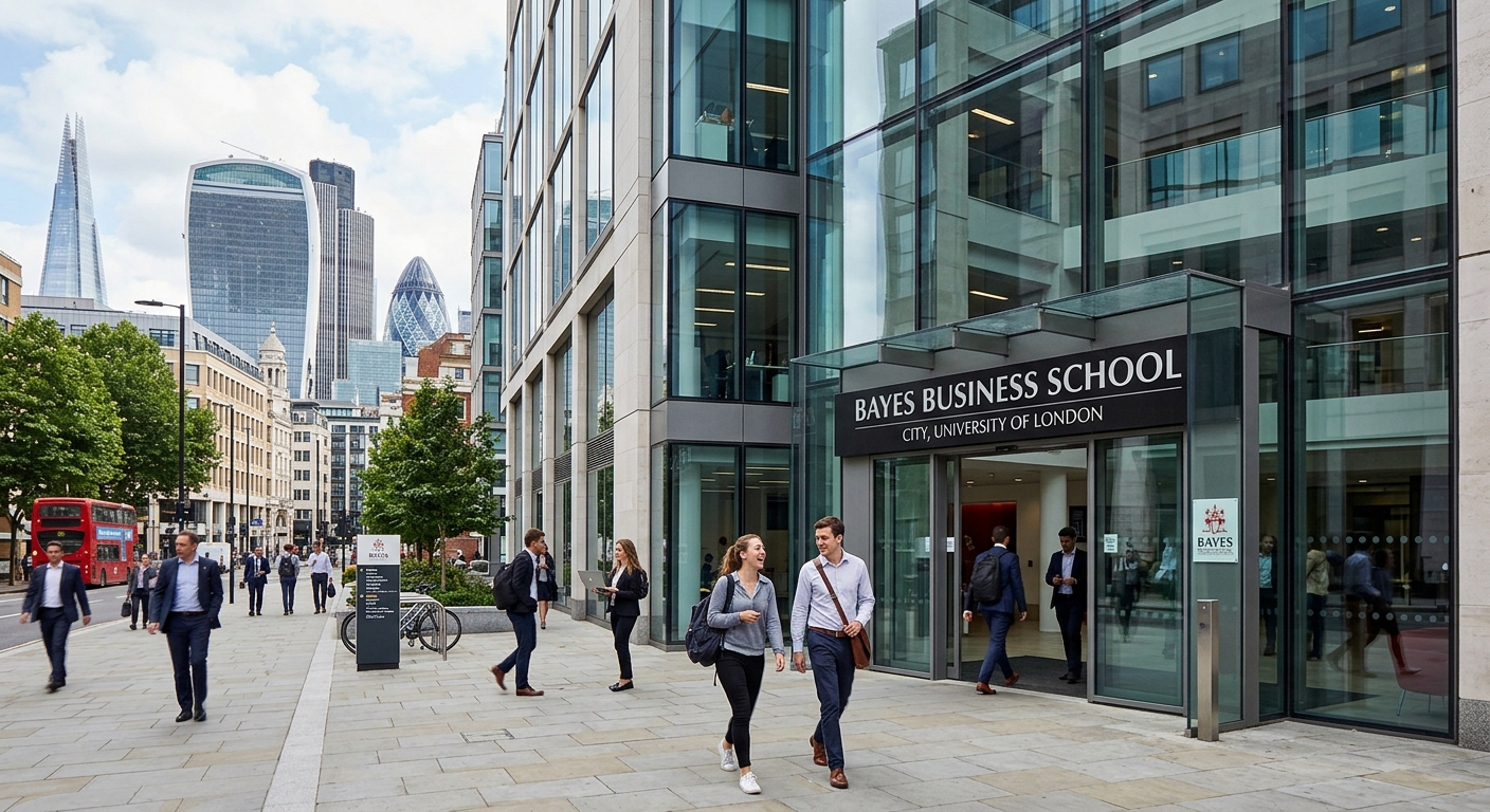 Modern Bayes Business School building exterior in London with glass facade, students walking near the entrance, City of London skyline visible in the background, professional urban campus setting