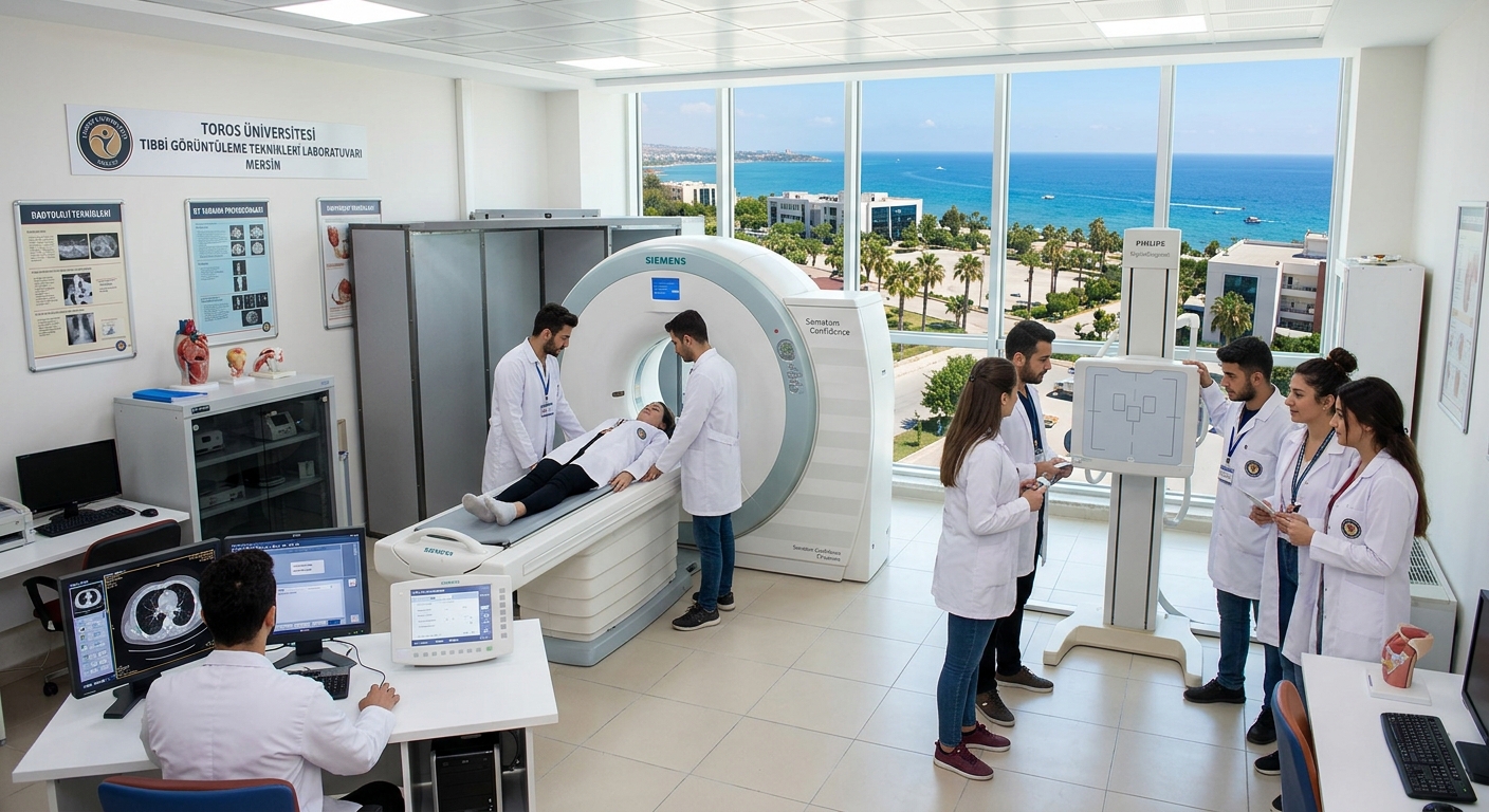 Modern medical imaging laboratory at Toros University in Mersin Turkey, featuring X-ray and CT scanning equipment, students in white lab coats practicing radiological techniques, bright clinical environment with Mediterranean campus views