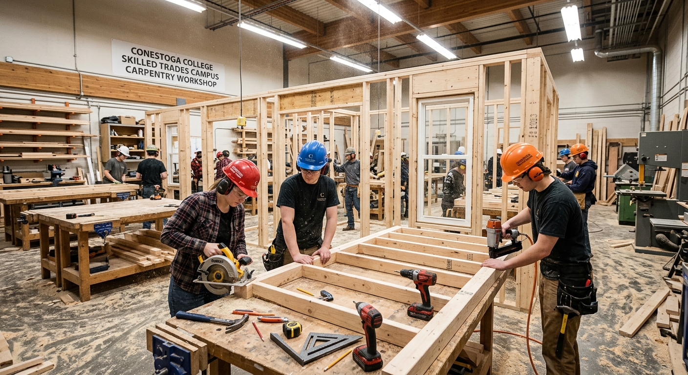 Conestoga College Skilled Trades Campus workshop with carpentry students building wooden framing structures, wearing safety gear including hard hats and safety glasses, sawdust in the air, hand and power tools visible on workbenches, bright industrial lighting