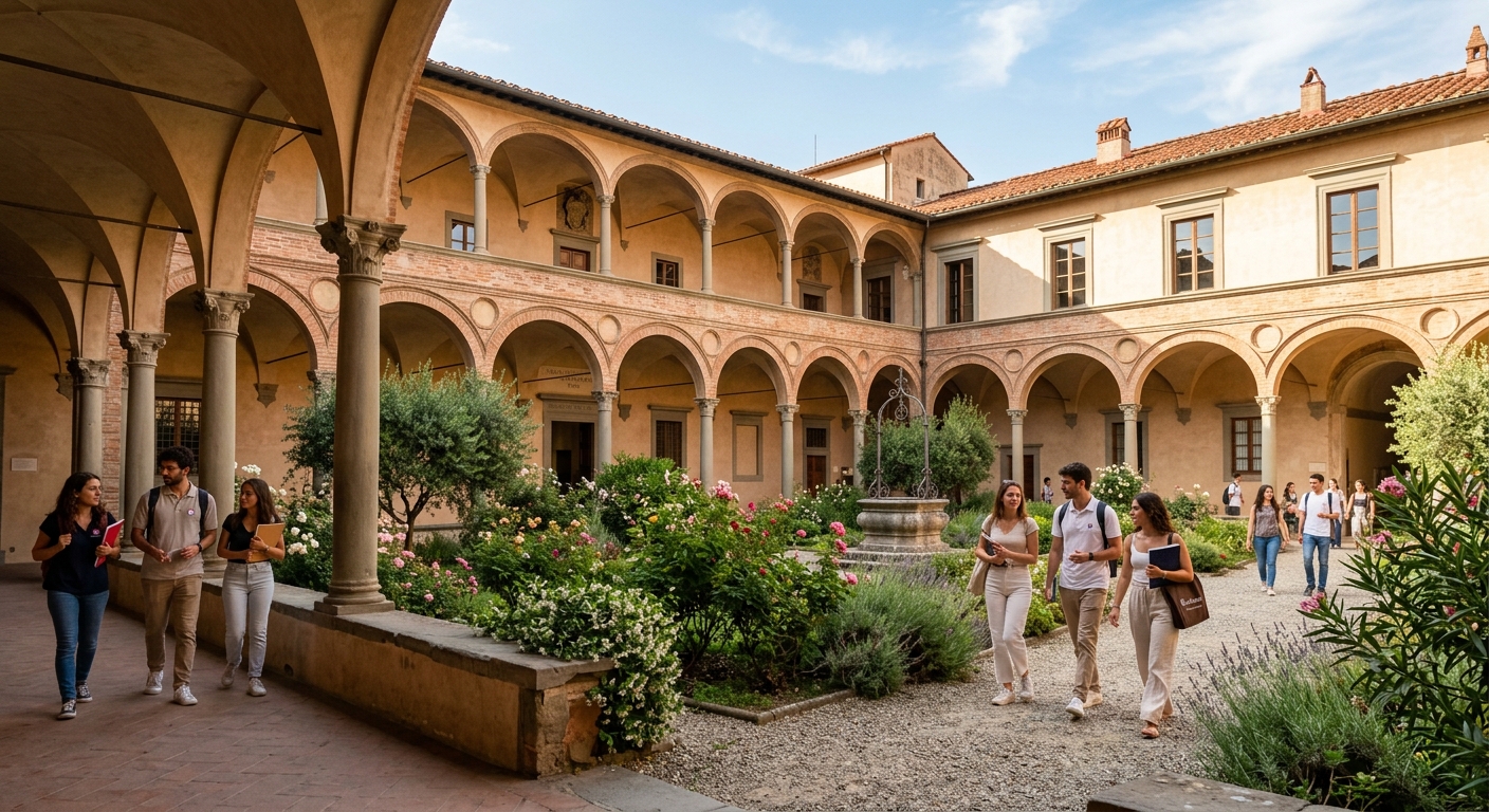 Historic Sant'Anna School of Advanced Studies campus in Pisa Italy, elegant Renaissance architecture with arched corridors surrounding a courtyard garden, medical students walking through the grounds, warm Mediterranean sunlight