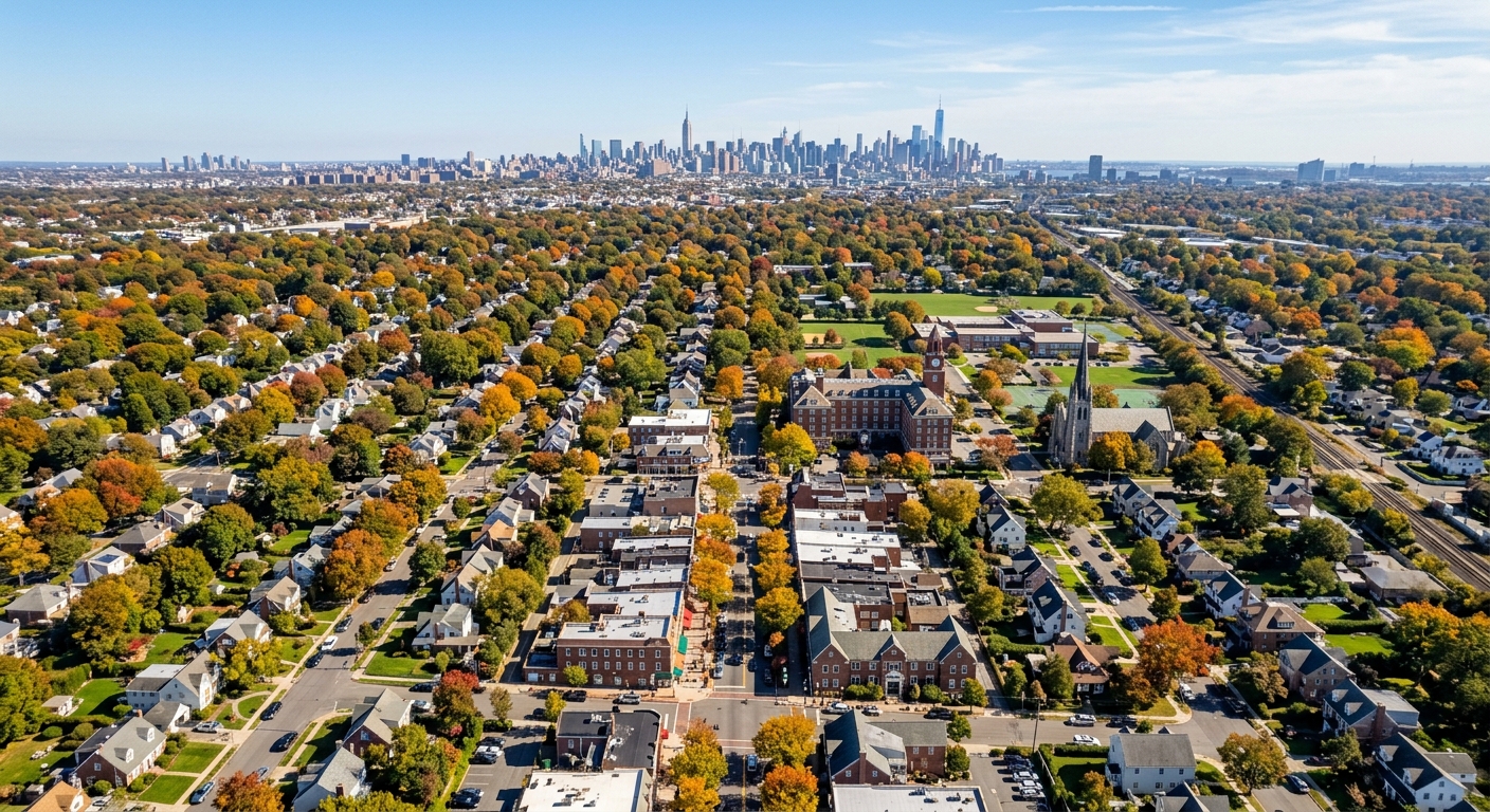 Aerial view of Garden City Long Island New York, tree-lined suburban streets with charming shops, residential neighborhoods, with the Manhattan skyline visible on the distant horizon