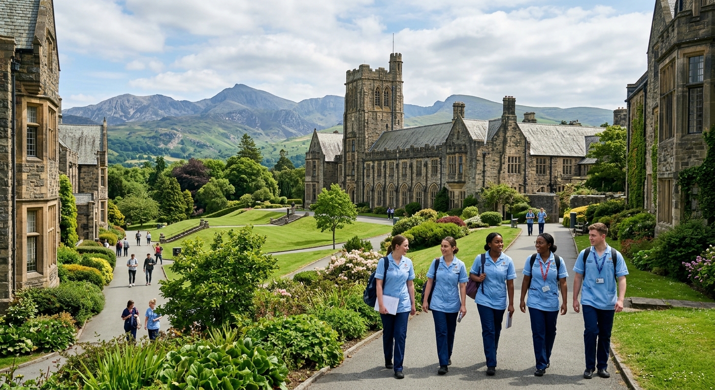 Bangor University campus with historic stone buildings set against the backdrop of Snowdonia mountains, lush green grounds, and nursing students walking between buildings in North Wales