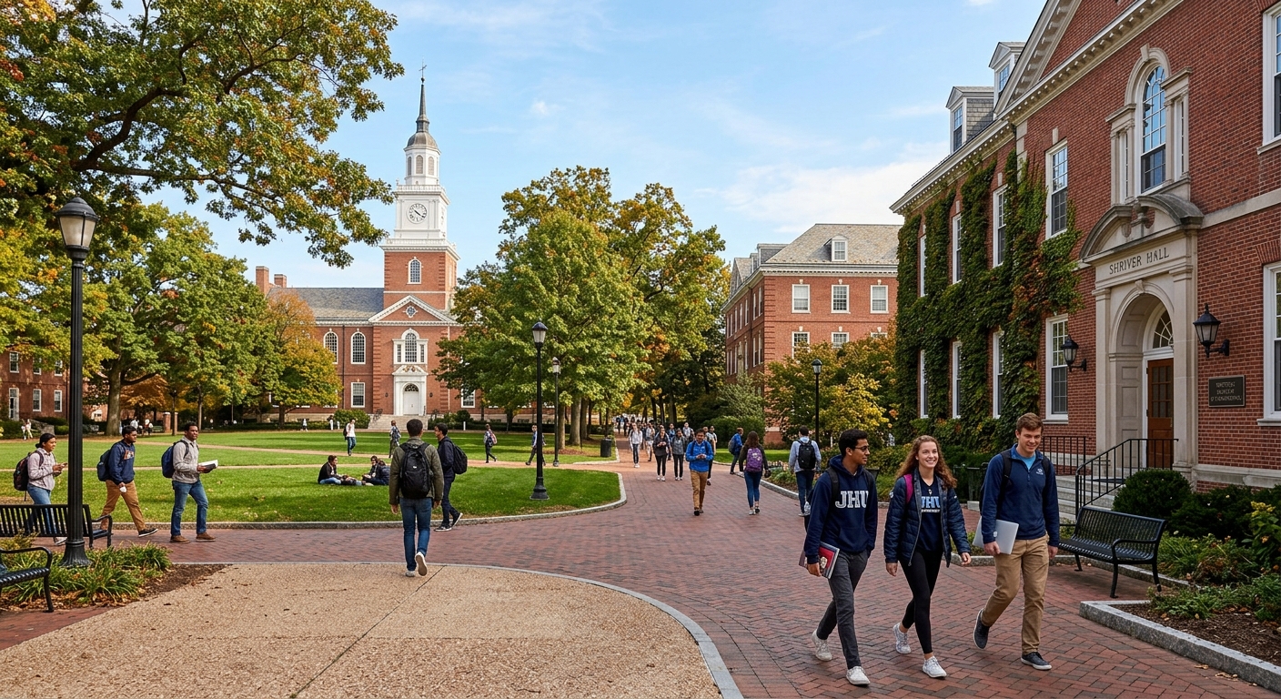 Johns Hopkins University Homewood campus in Baltimore with iconic red-brick buildings, tree-lined pathways, and green quads, students walking near the Whiting School of Engineering