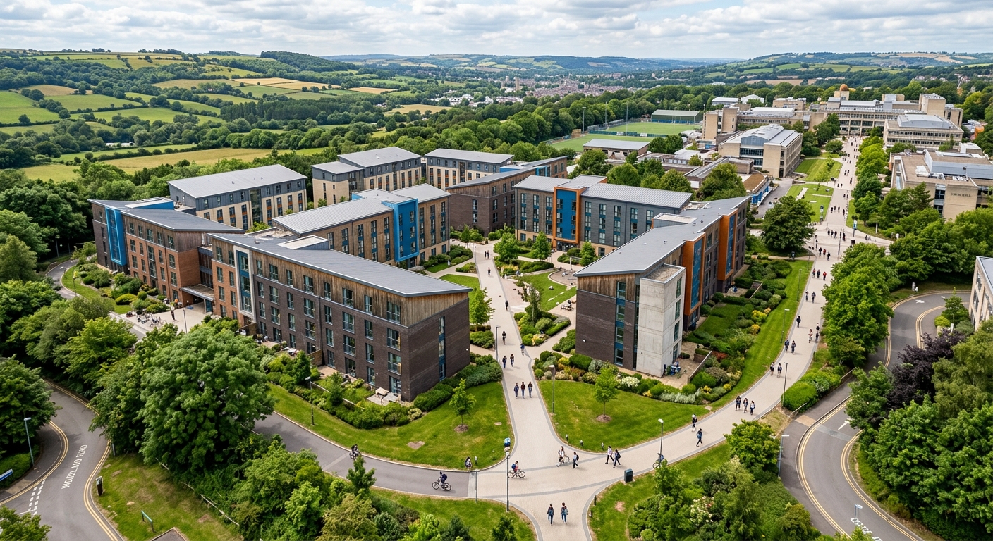 University of Bath student accommodation buildings on Claverton Down, modern residential halls surrounded by green countryside, pathways connecting to main campus