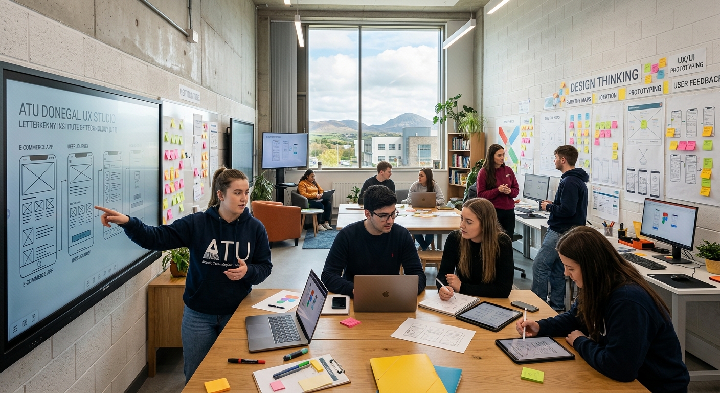 Modern design studio at Letterkenny Institute of Technology campus in County Donegal Ireland, students collaborating on UX wireframes and prototypes on digital screens, bright creative workspace with post-it notes and design thinking boards