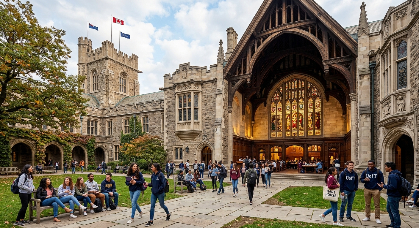 Hart House at University of Toronto, Gothic Revival stone building, great hall interior with stained glass windows, students gathering in courtyard