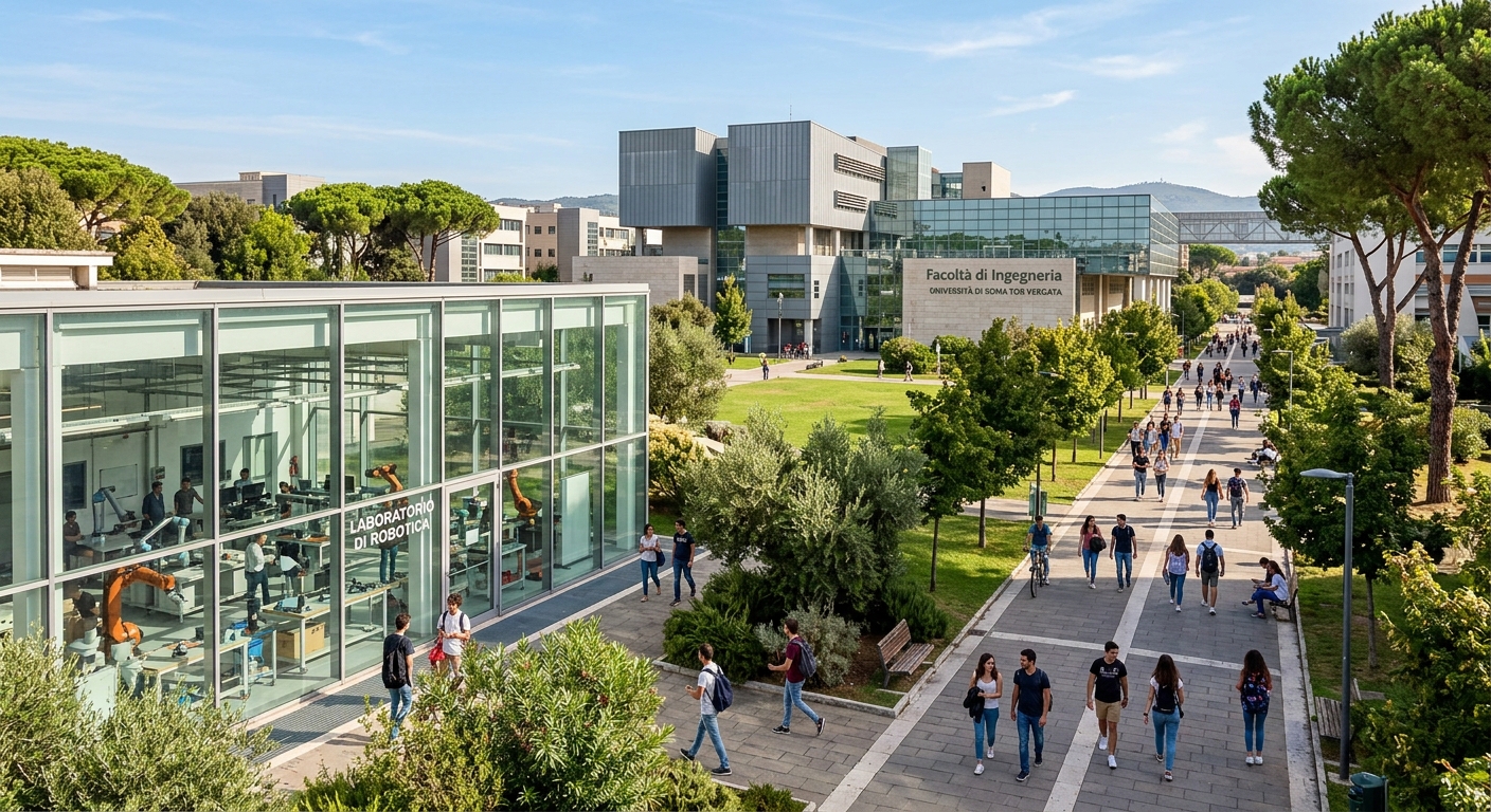 Modern engineering campus of University of Rome Tor Vergata, expansive green campus with contemporary faculty buildings, robotics laboratory visible through glass walls, students walking along tree-lined pathways under Mediterranean sunlight