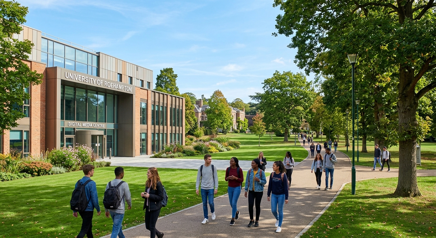 University of Roehampton parkland campus in southwest London with modern digital media centre building, green lawns, and students walking along tree-lined pathways under a clear sky