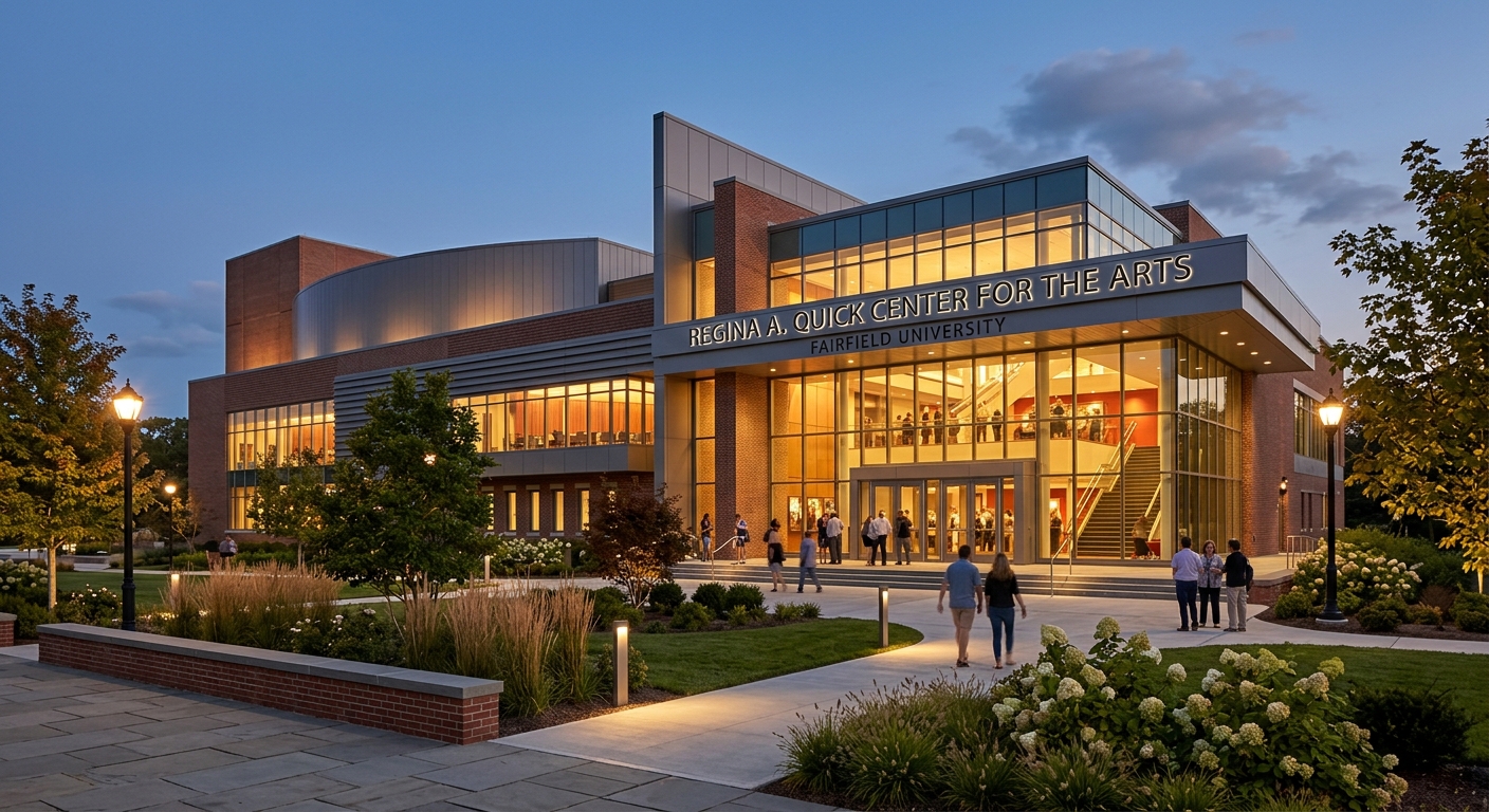 Regina A. Quick Center for the Arts at Fairfield University, modern performing arts building, evening lighting, landscaped entrance