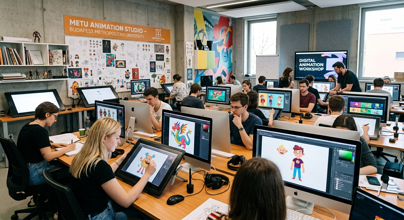 Modern animation studio classroom at Budapest Metropolitan University with students working on digital drawing tablets, colorful character designs displayed on screens, bright creative workspace with professional animation equipment