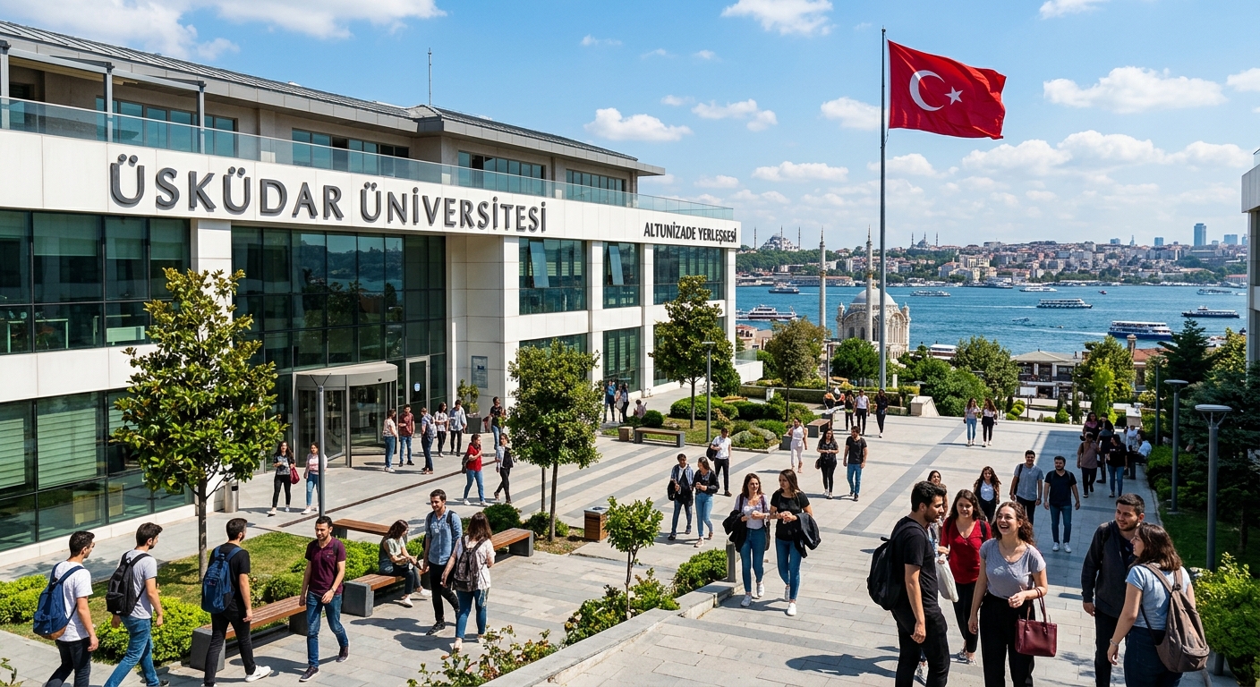 Üsküdar University campus building in Istanbul with modern architecture, students walking through courtyard, Bosphorus visible in background, sunny day with Turkish flag