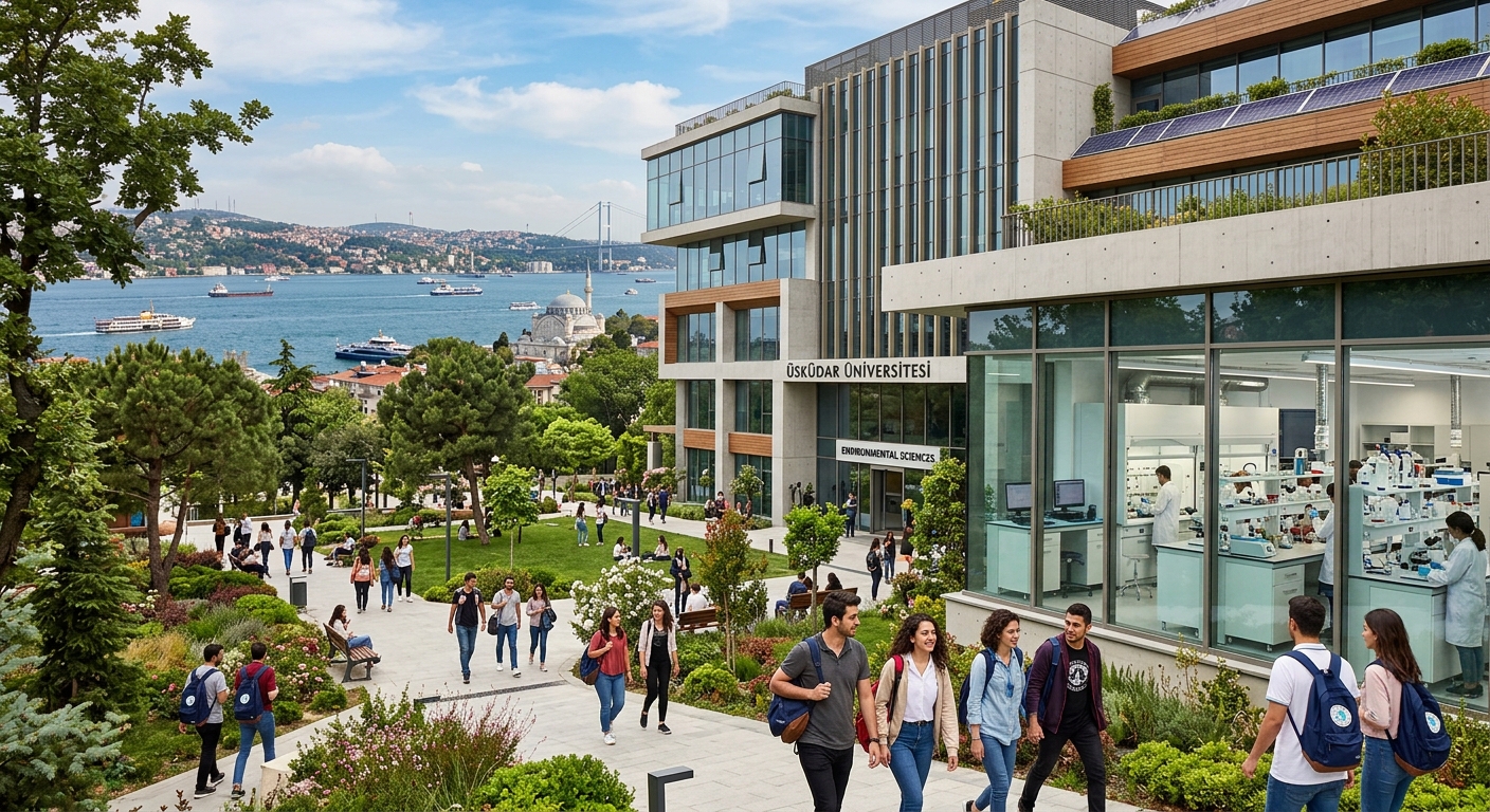 Modern university campus building at Üsküdar University in Istanbul, Turkey, with students walking through green courtyard, environmental science laboratory equipment visible through glass windows, Bosphorus waterfront in the background