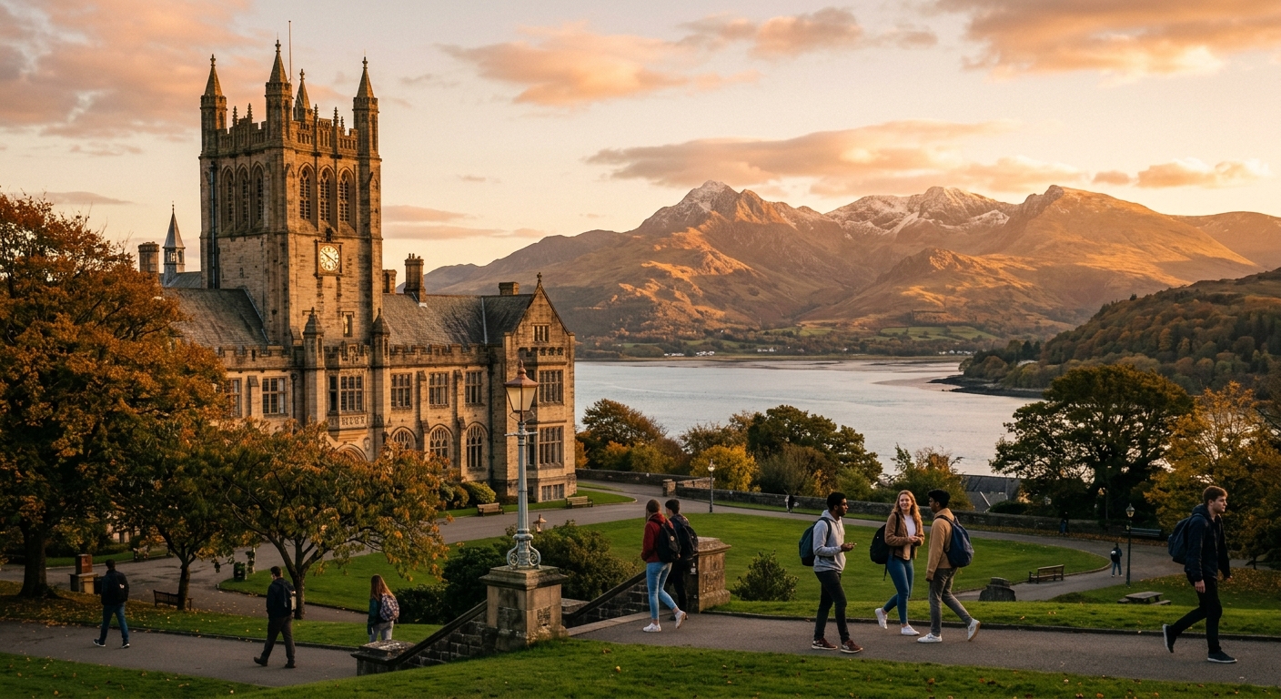 Historic Bangor University Main Arts building with mountains of Snowdonia in the background, students walking through campus grounds near the Menai Strait in North Wales, cinematic golden hour lighting