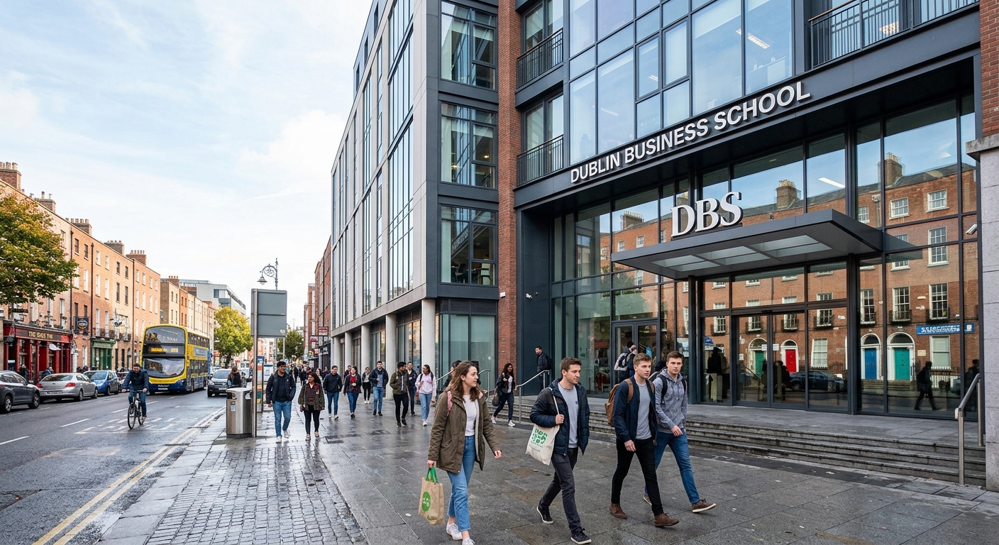 Modern Dublin Business School campus building on Aungier Street in Dublin city centre, contemporary glass facade with students walking outside, Irish urban setting with Georgian architecture in the background