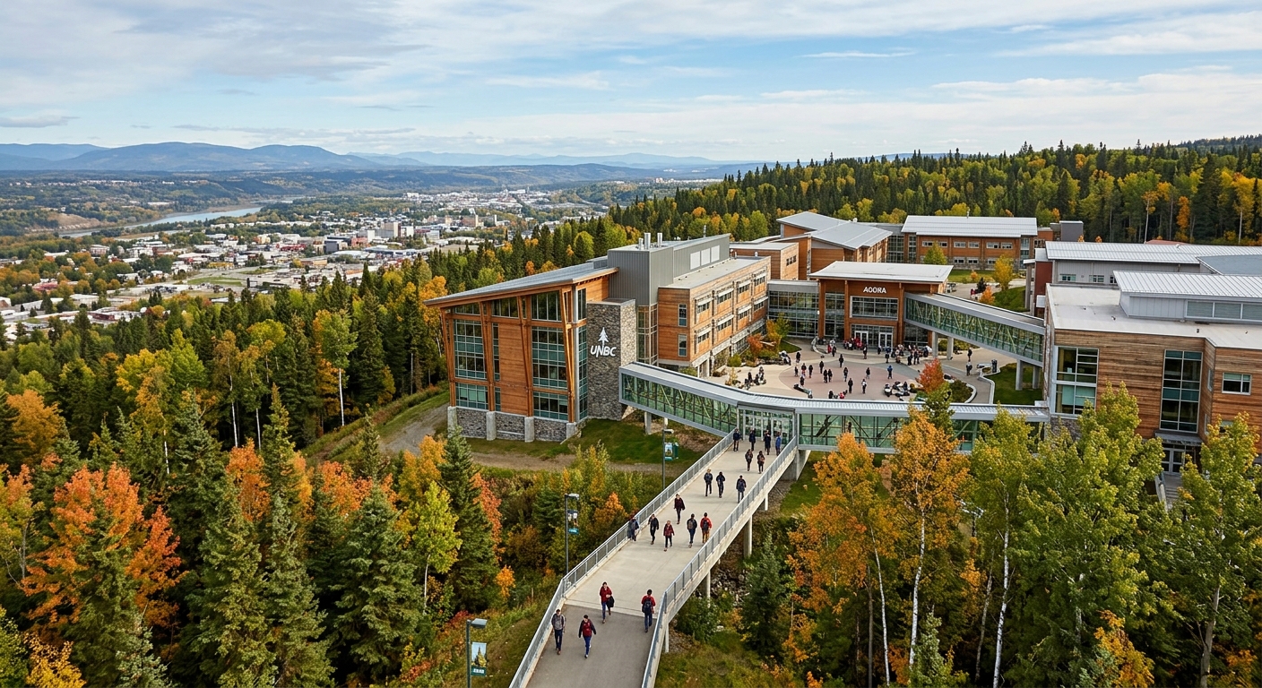 University of Northern British Columbia campus surrounded by northern boreal forest with modern architecture, students walking between connected buildings on Cranbrook Hill overlooking Prince George, British Columbia, Canada