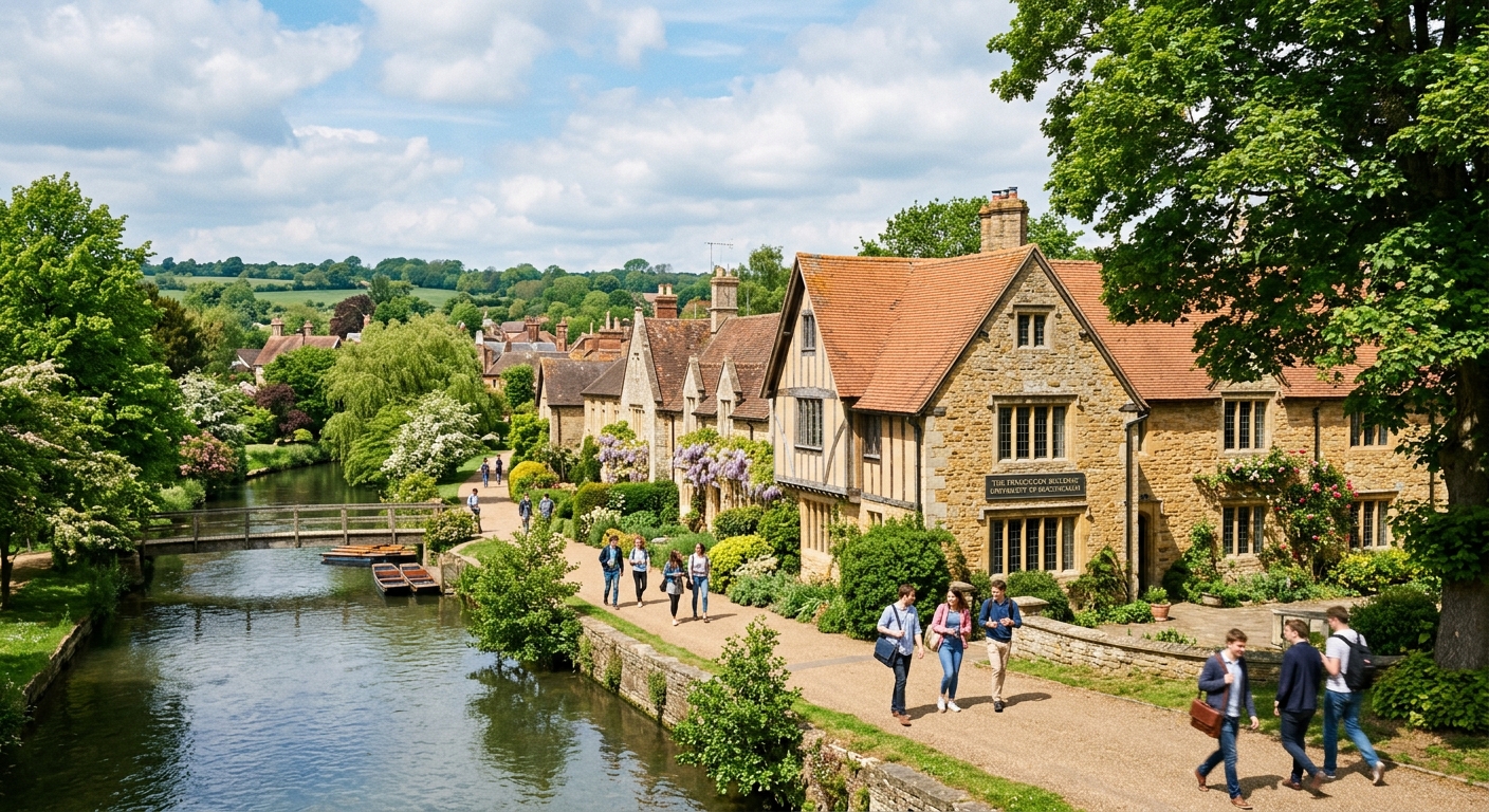 Historic University of Buckingham campus with riverside setting, charming restored buildings including the Franciscan Building, students walking along tree-lined pathways, bright English countryside atmosphere