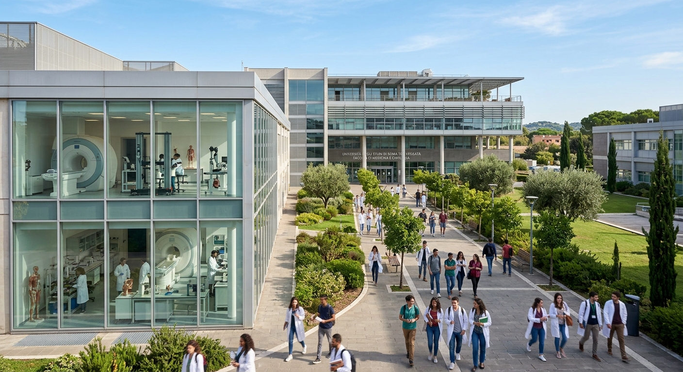 Modern medical campus of the University of Rome Tor Vergata, featuring the Faculty of Medicine and Surgery building with students walking along tree-lined pathways, orthopaedic laboratory equipment visible through large windows, sunny Italian sky