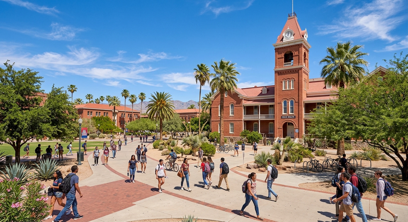 University of Arizona campus in Tucson with iconic red brick buildings, palm trees, and blue desert sky, students walking along pathways near the Old Main building