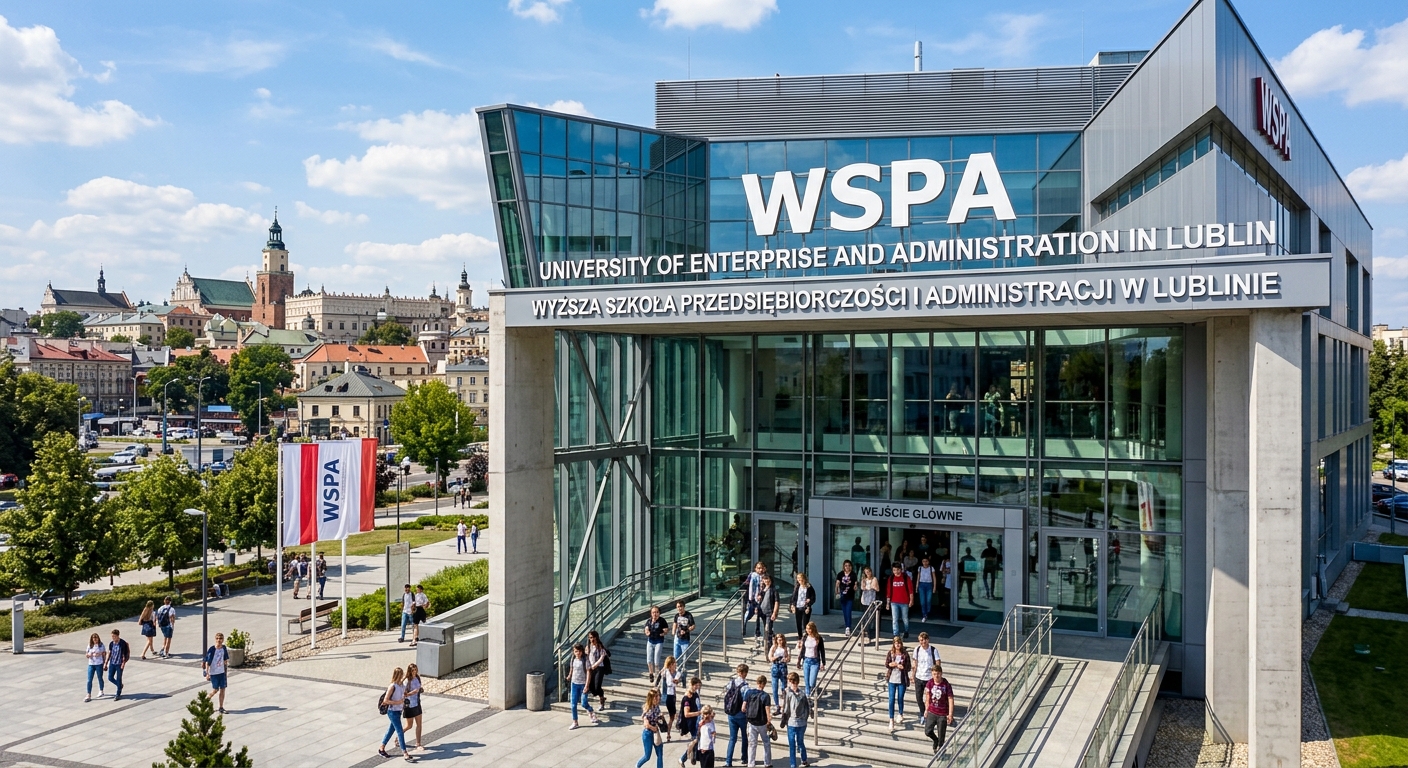 WSPA main university building exterior, modern architecture with large entrance, students entering the building, Lublin cityscape in background