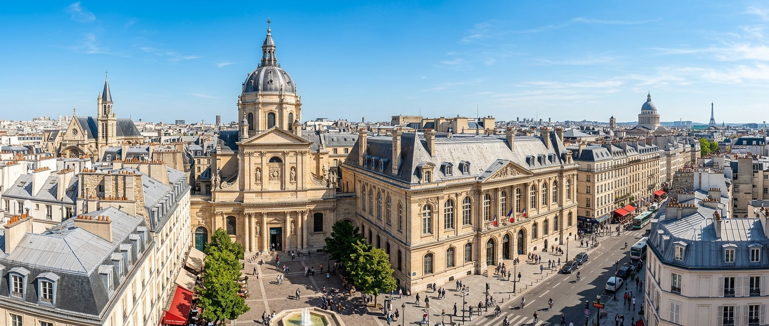 Panoramic view of the historic Sorbonne University main building in the Latin Quarter of Paris, with its iconic baroque domed chapel, classical stone facade, and surrounding Parisian rooftops under a clear blue sky