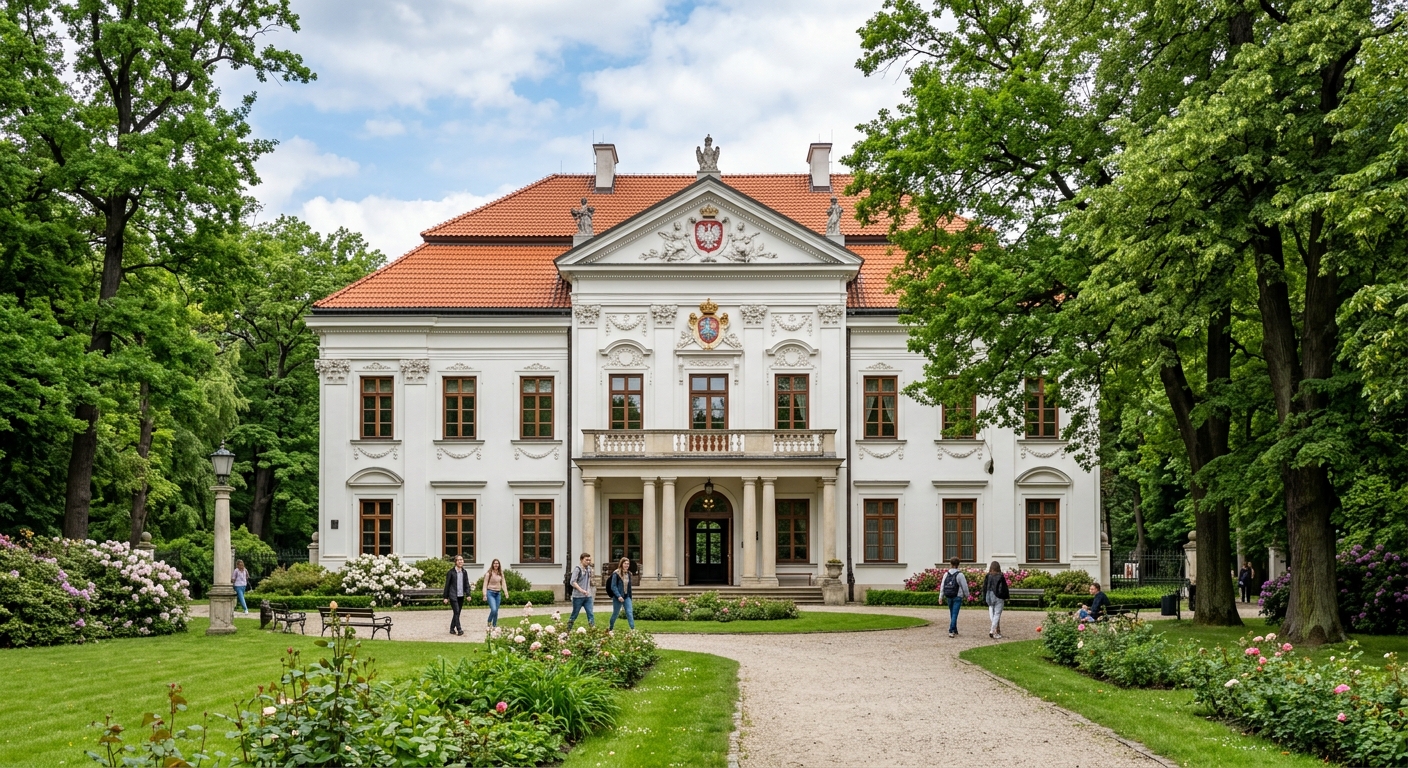 Historic Niemcewicz Palace at SGGW campus, elegant 18th-century architecture with white facade, surrounded by a landscaped park with old trees