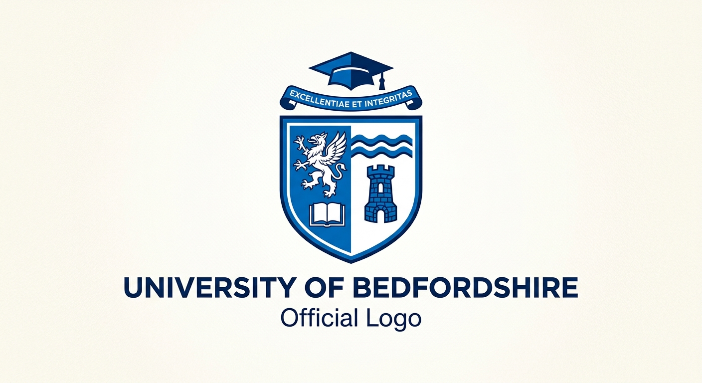 University of Bedfordshire official logo, shield crest with blue and white colours, university name text below