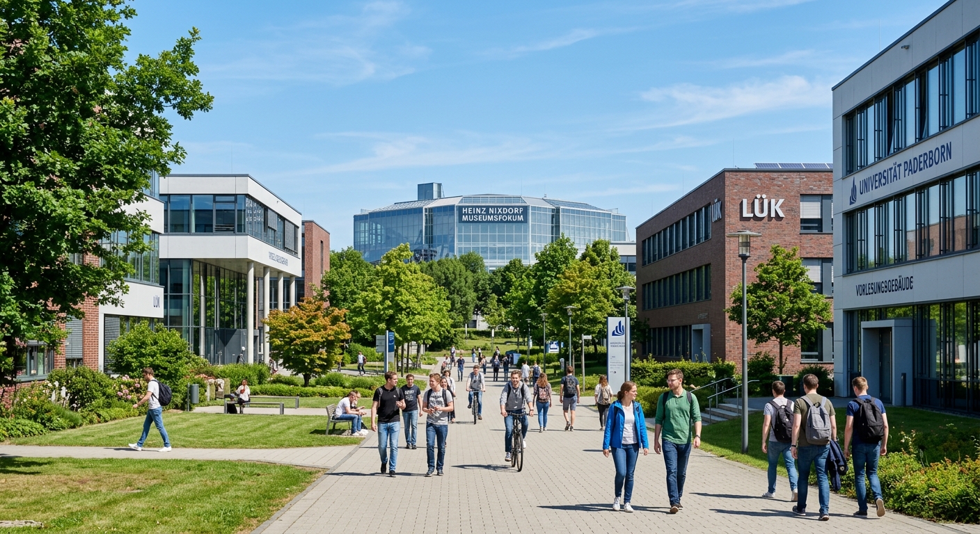 Modern campus of Paderborn University in Germany, contemporary lecture buildings surrounded by green spaces, students walking along tree-lined paths, with the iconic Heinz Nixdorf MuseumsForum visible in the background under a clear blue sky