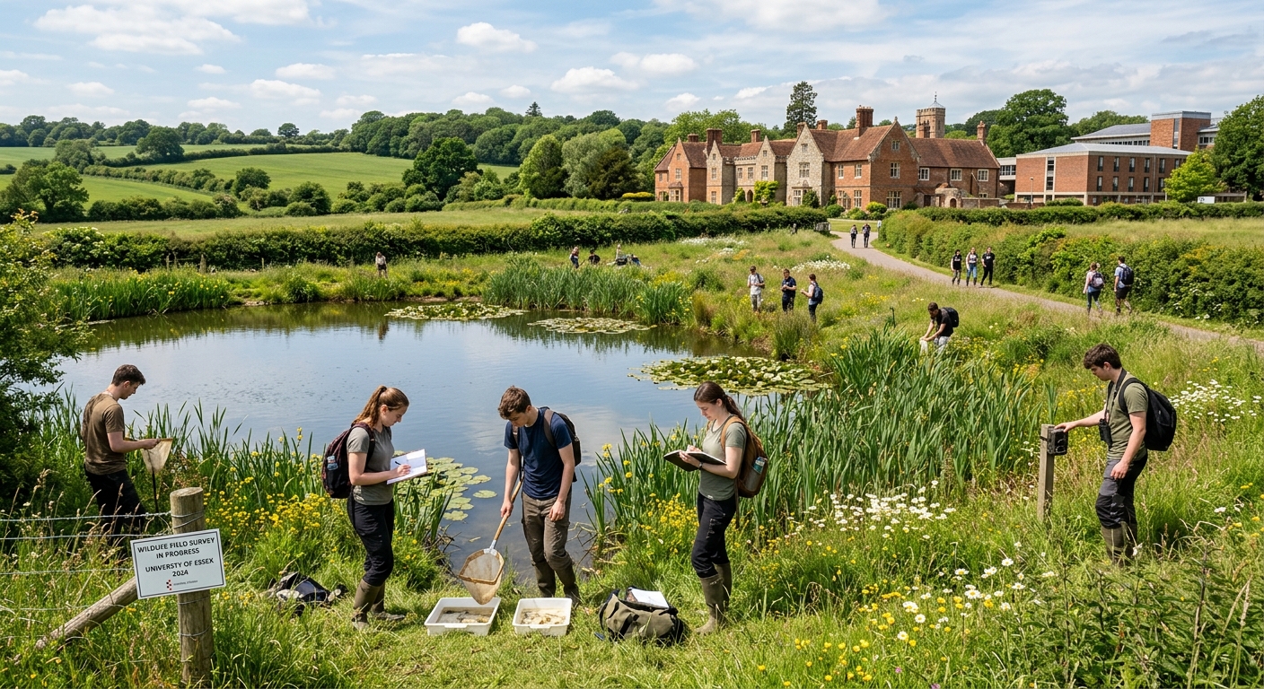 Lush green Essex countryside campus with students conducting wildlife field surveys near a pond, historic college buildings in the background, sunny day with hedgerows and managed wildlife areas visible