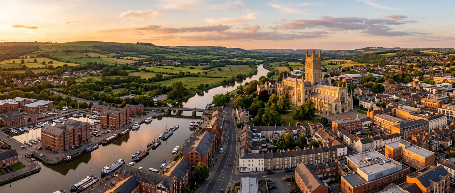 Panoramic view of Gloucester city centre with Gloucester Cathedral, River Severn, historic docks, and green Cotswolds hills in the background, golden hour light