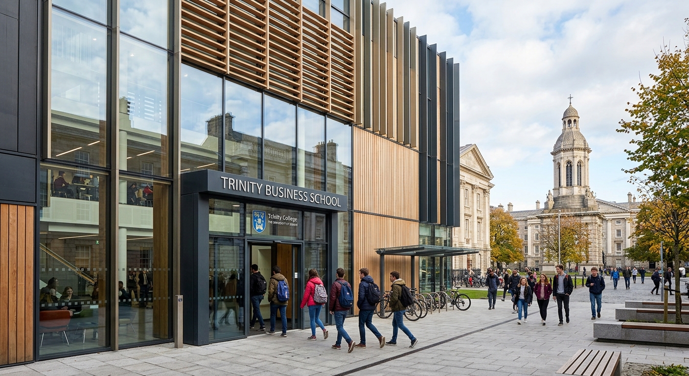 Modern Trinity Business School building with glass and timber facade, contemporary architecture contrasting with historic campus buildings, students entering through the main entrance