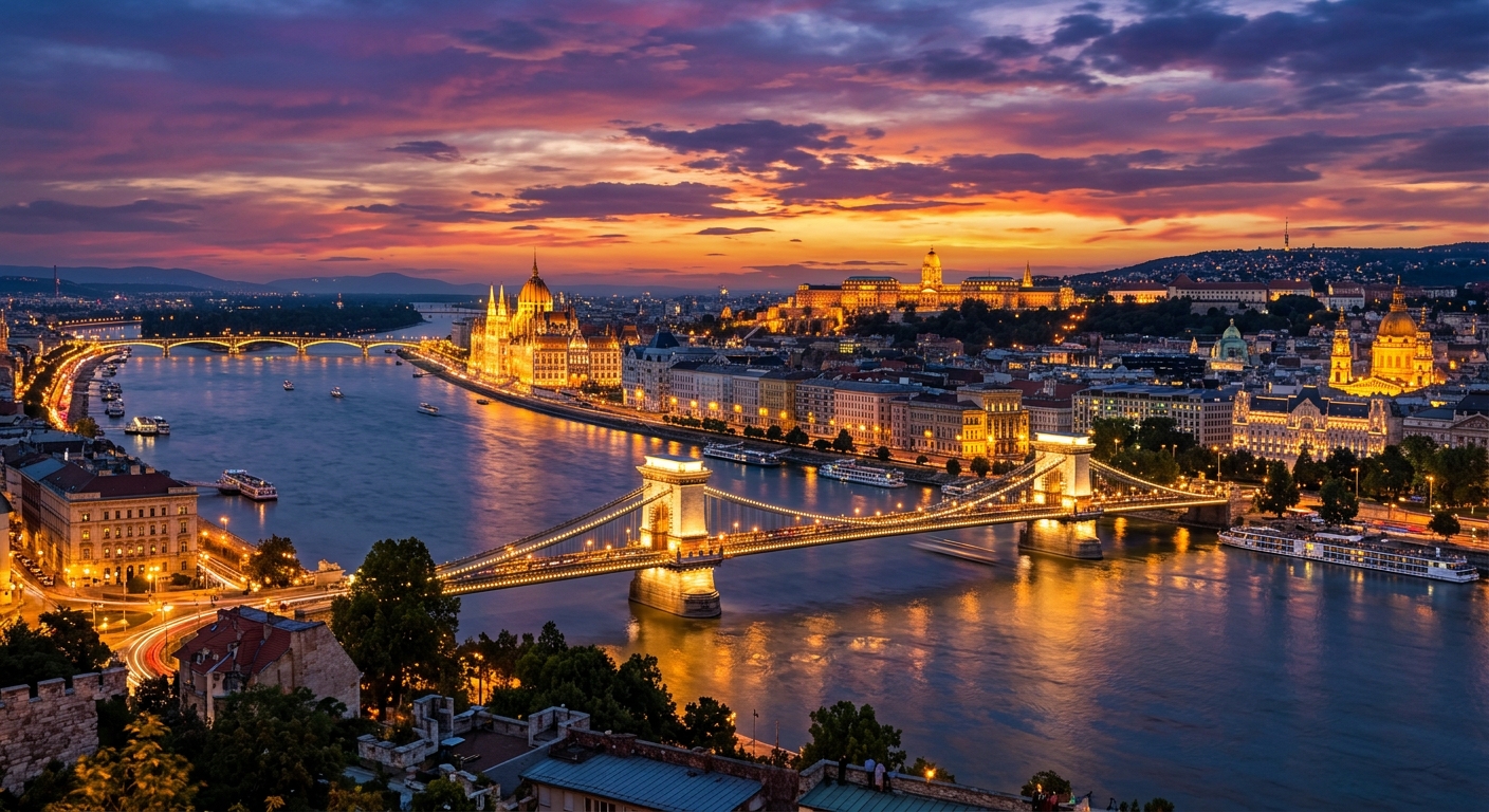 Budapest panoramic cityscape at dusk, Danube River reflecting city lights, Hungarian Parliament Building illuminated, Chain Bridge connecting Buda and Pest sides, thermal bath domes visible, dramatic purple and orange sunset sky