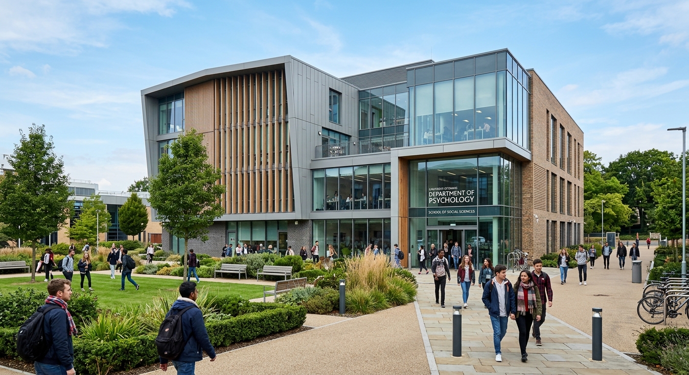 Modern university campus building in the United Kingdom with students walking through a courtyard, contemporary architecture with glass facades, psychology department signage visible, green landscaped areas and clear sky