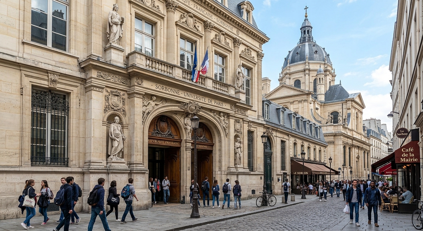 The historic Sorbonne main building facade with ornate stone carvings, grand entrance archway, and the famous Sorbonne Chapel dome visible behind, surrounded by narrow Latin Quarter streets