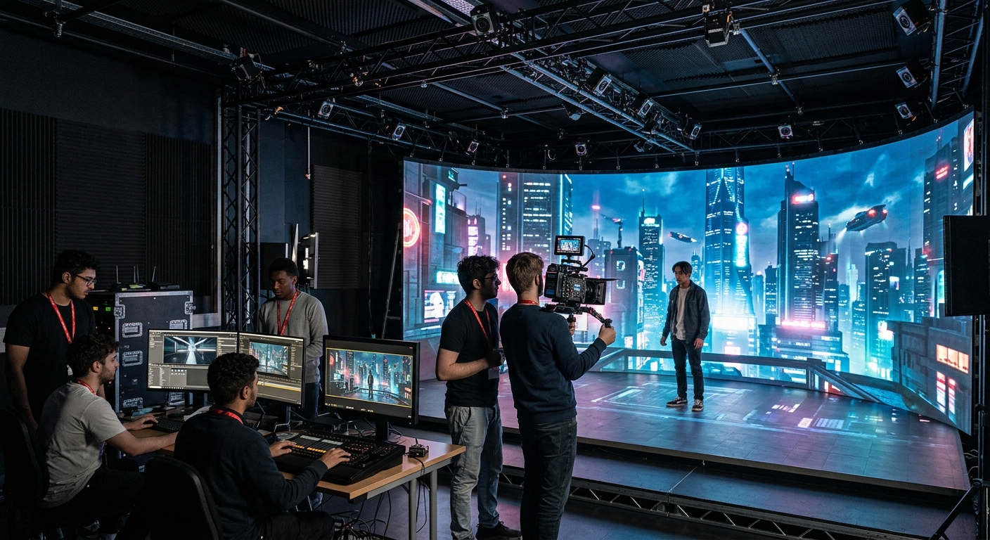 Modern virtual production studio with LED volume wall displaying digital environment, motion capture cameras mounted on ceiling, students operating real-time filmmaking equipment at Middlesex University London campus