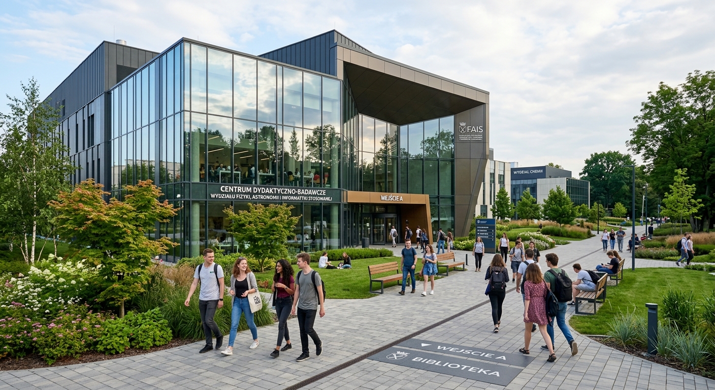 Modern university campus building with large glass windows and contemporary architecture, students walking on paved pathways surrounded by green landscaping, Kraków Poland