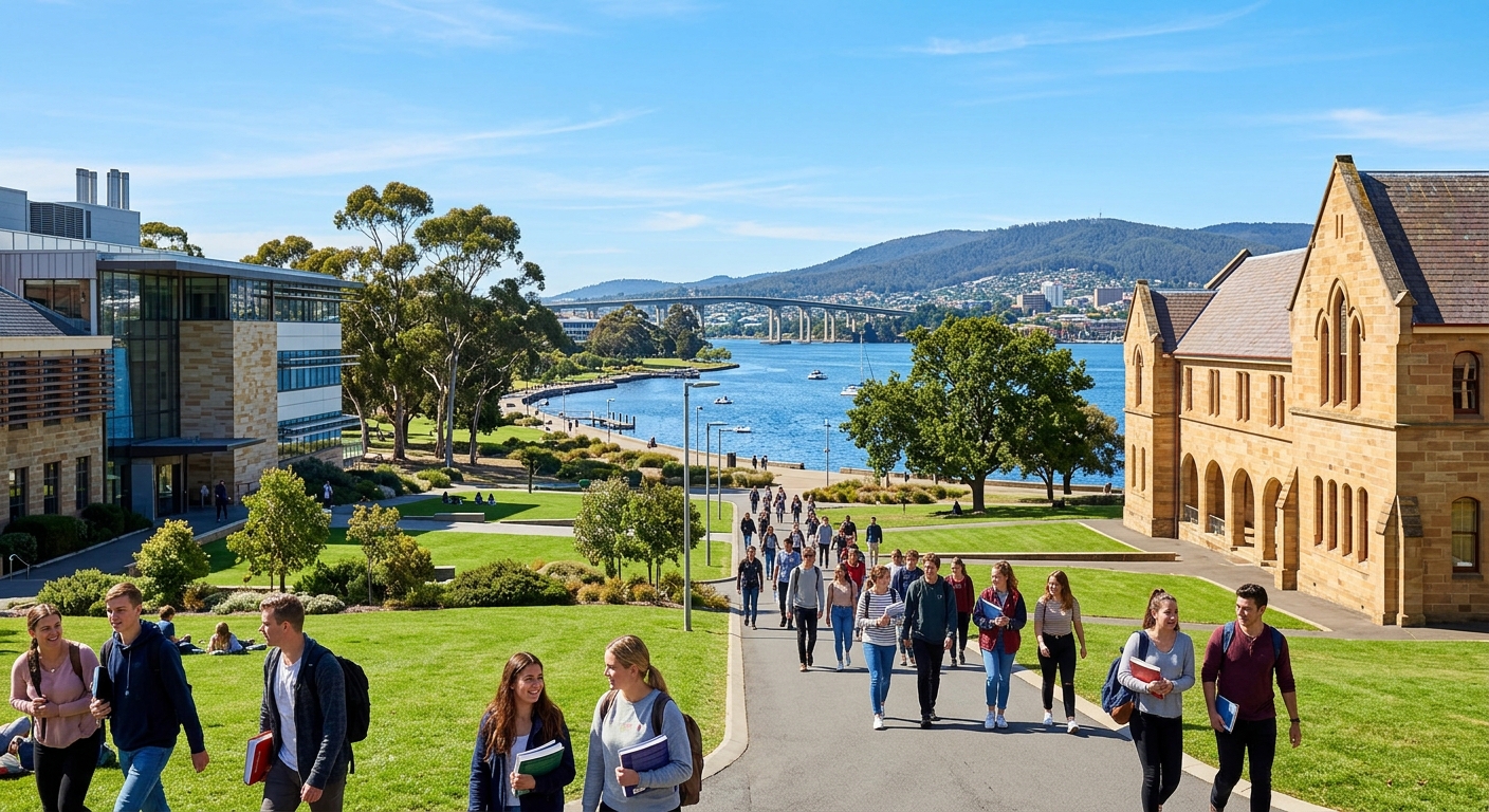 Modern university campus in Hobart Tasmania with sandstone buildings, lush green grounds, waterfront views of the Derwent River, and students walking between lecture halls under clear blue skies