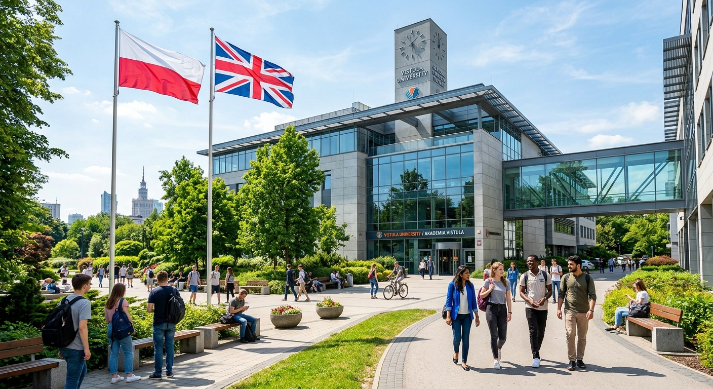 Modern Vistula University campus building in Warsaw Poland with international students walking through green courtyard, contemporary architecture, Polish and British flags displayed, sunny day