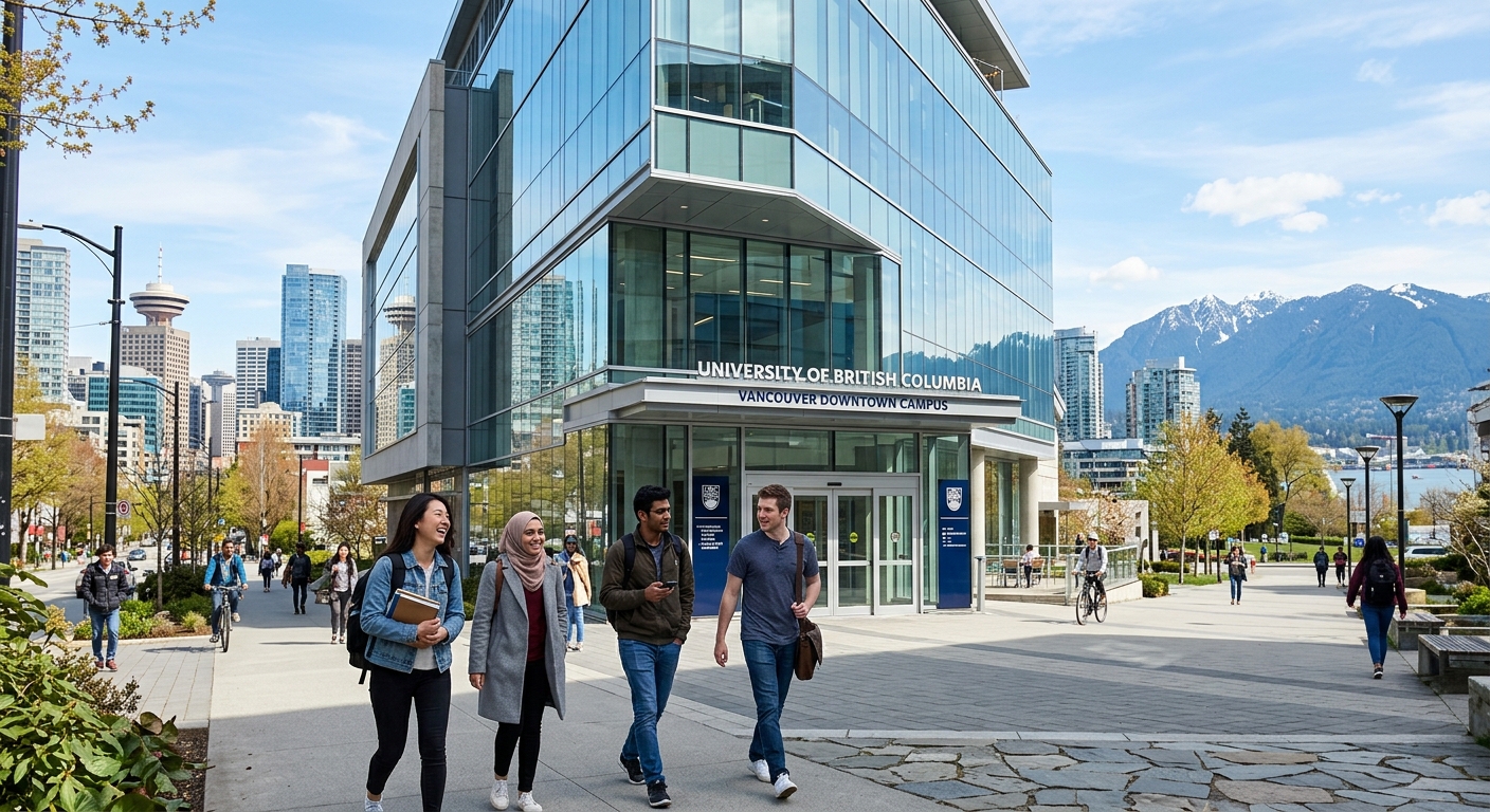 Modern downtown Vancouver campus building with glass facade, international students walking near entrance, mountains and city skyline visible in background, bright daylight