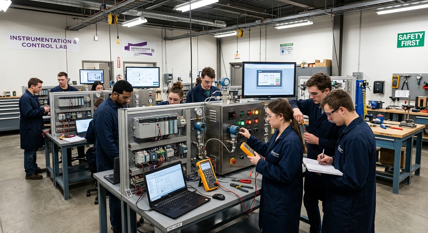 Saskatchewan Polytechnic Moose Jaw campus engineering lab with students working on industrial instrumentation equipment, control panels, and calibration tools in a modern technical workshop setting