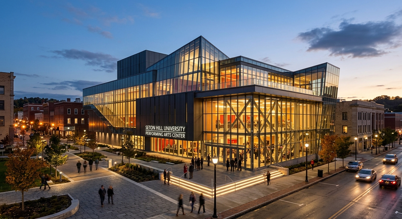 Seton Hill University Performing Arts Center, modern glass and steel building, downtown Greensburg, evening lighting, contemporary architectural design