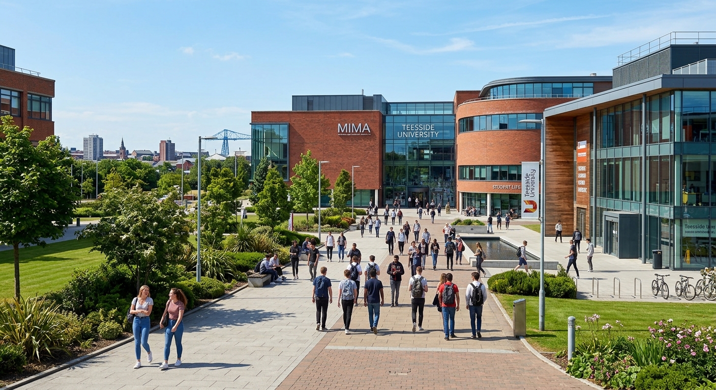 Modern university campus in Middlesbrough with red brick and glass buildings, students walking across a central plaza, green landscaping, and a clear sky over the North East England skyline